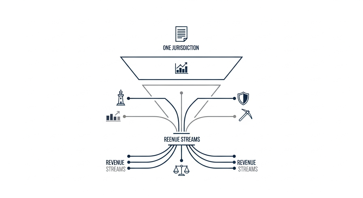 Diagram showing one jurisdiction at top funneling into multiple revenue verticals below