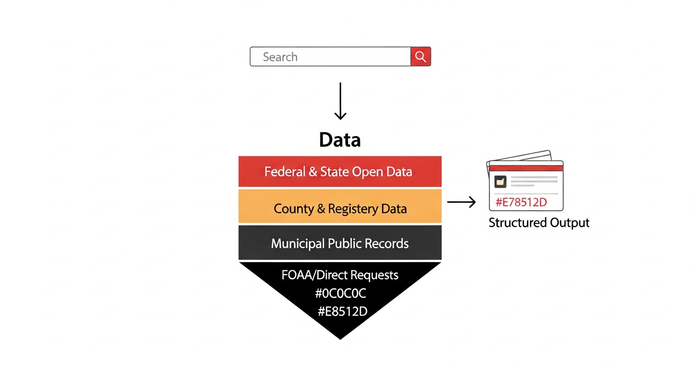 Data Layer Stack: a query enters through four data layers (Federal, County, Municipal, FOAA) and returns as an enriched Data Package