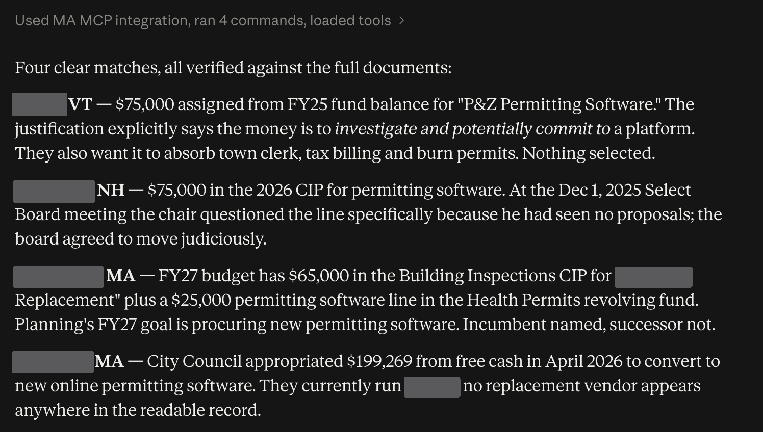 An AI assistant using the Municipal Alpha connector returns four New England towns with budgeted permitting software projects, each with the dollar figure, the funding source and the procurement stage. Town and vendor names are redacted.