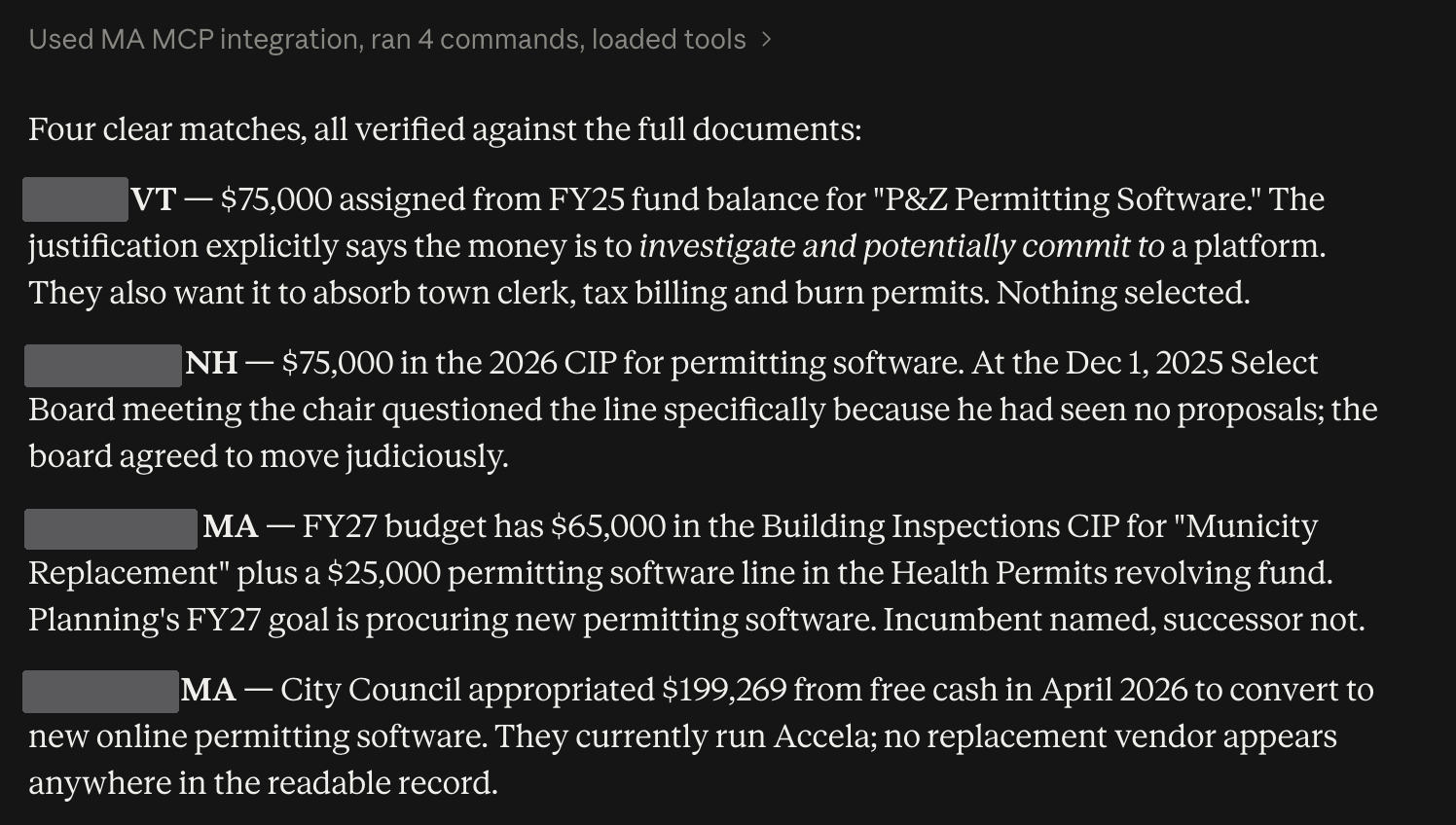 An AI assistant using the Municipal Alpha connector returns four New England towns with budgeted permitting software projects, each with the dollar figure, the funding source, the procurement stage and the incumbent vendor where the record names one. Town names are redacted.