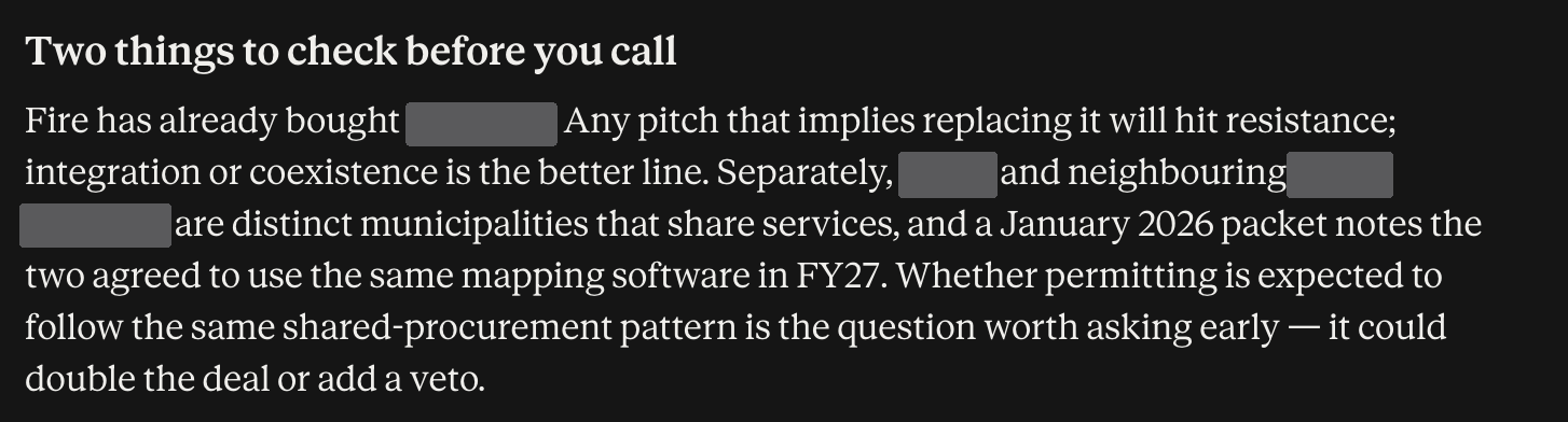 The assistant answering a follow-up question about one town, naming two risks to check before calling: the fire department already runs a competing system, and a neighbouring municipality shares services and may share procurement. Town and vendor names are redacted.