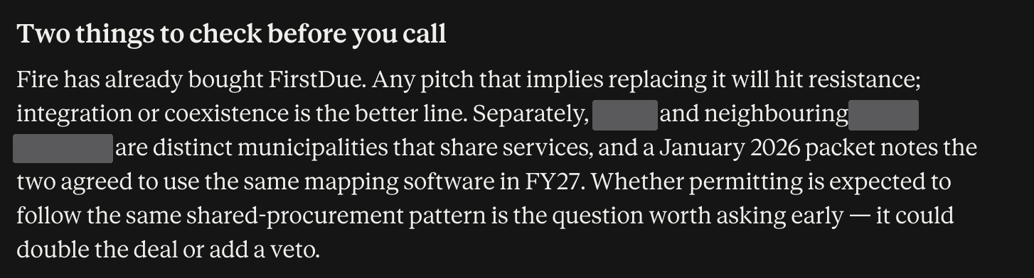 The assistant answering a follow-up question about one town, naming two risks to check before calling: the fire department already runs a competing system, and a neighbouring municipality shares services and may share procurement. Town names are redacted.