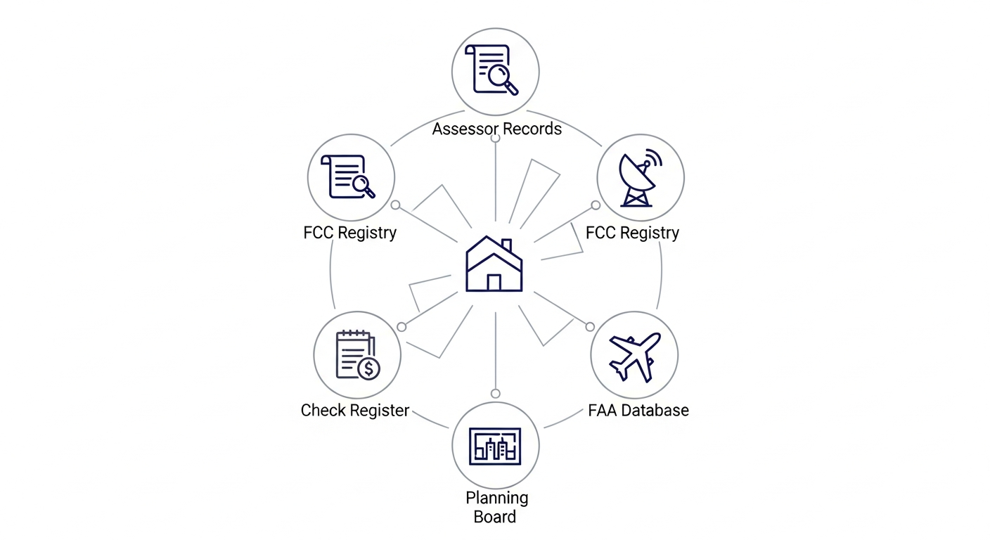 Diagram showing a single parcel connected to five data sources: Assessor Records, FCC Registry, FAA Database, Check Register, and Planning Board