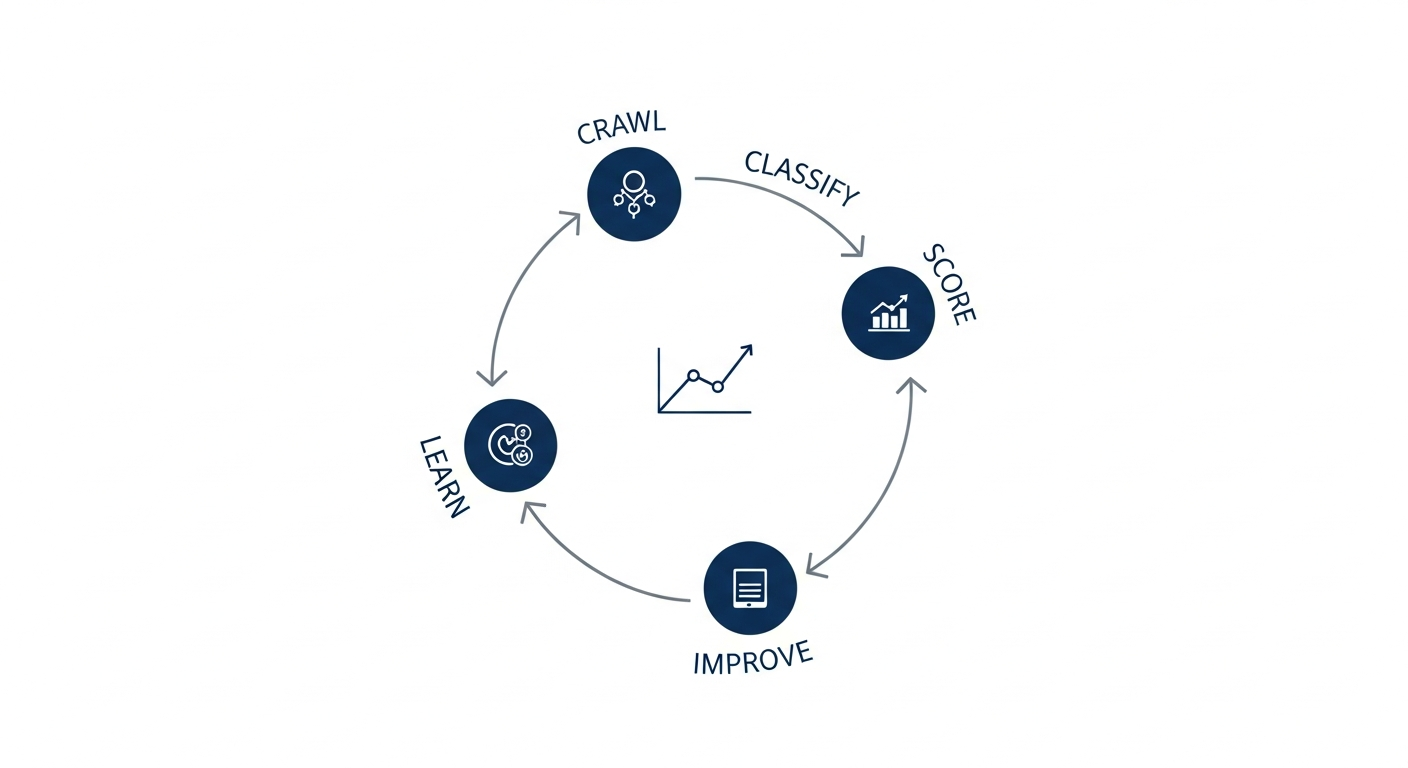 Diagram showing the self-improving pipeline cycle: Crawl, Classify, Score, Improve, Learn