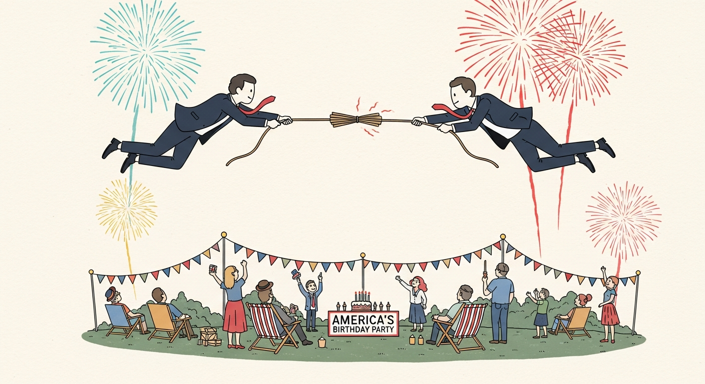 Two anonymous figures in suits in a tug-of-war over fireworks in the night sky, while a small-town crowd below relaxes in lawn chairs at a birthday celebration with bunting, ignoring them
